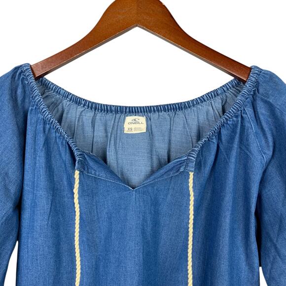O'Neill Chambray Blouse Top Blue Denim Peasant Boho Oversized Fit Women's XS - Picture 2 of 7